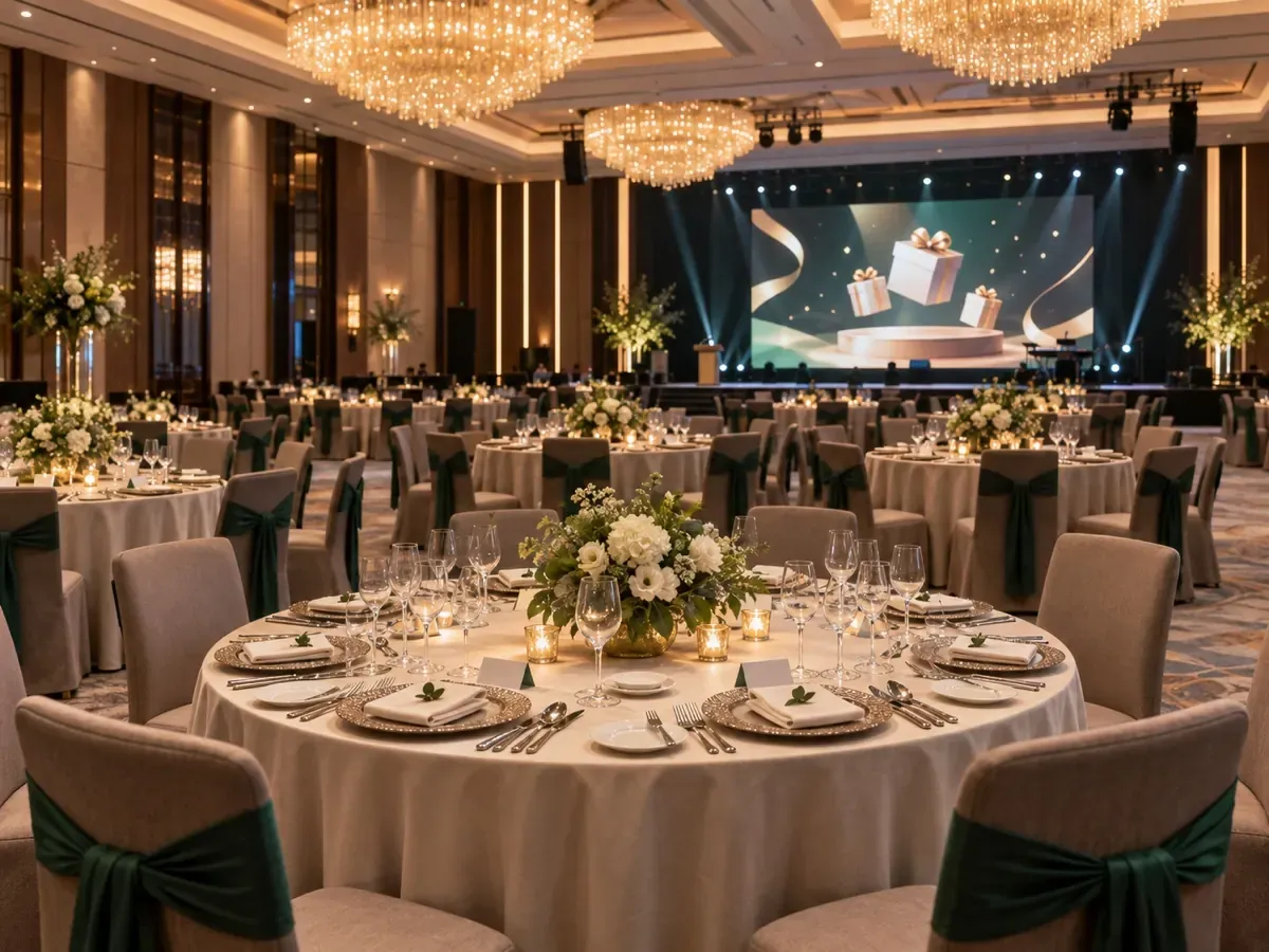 Gala dinner ballroom with round banquet tables