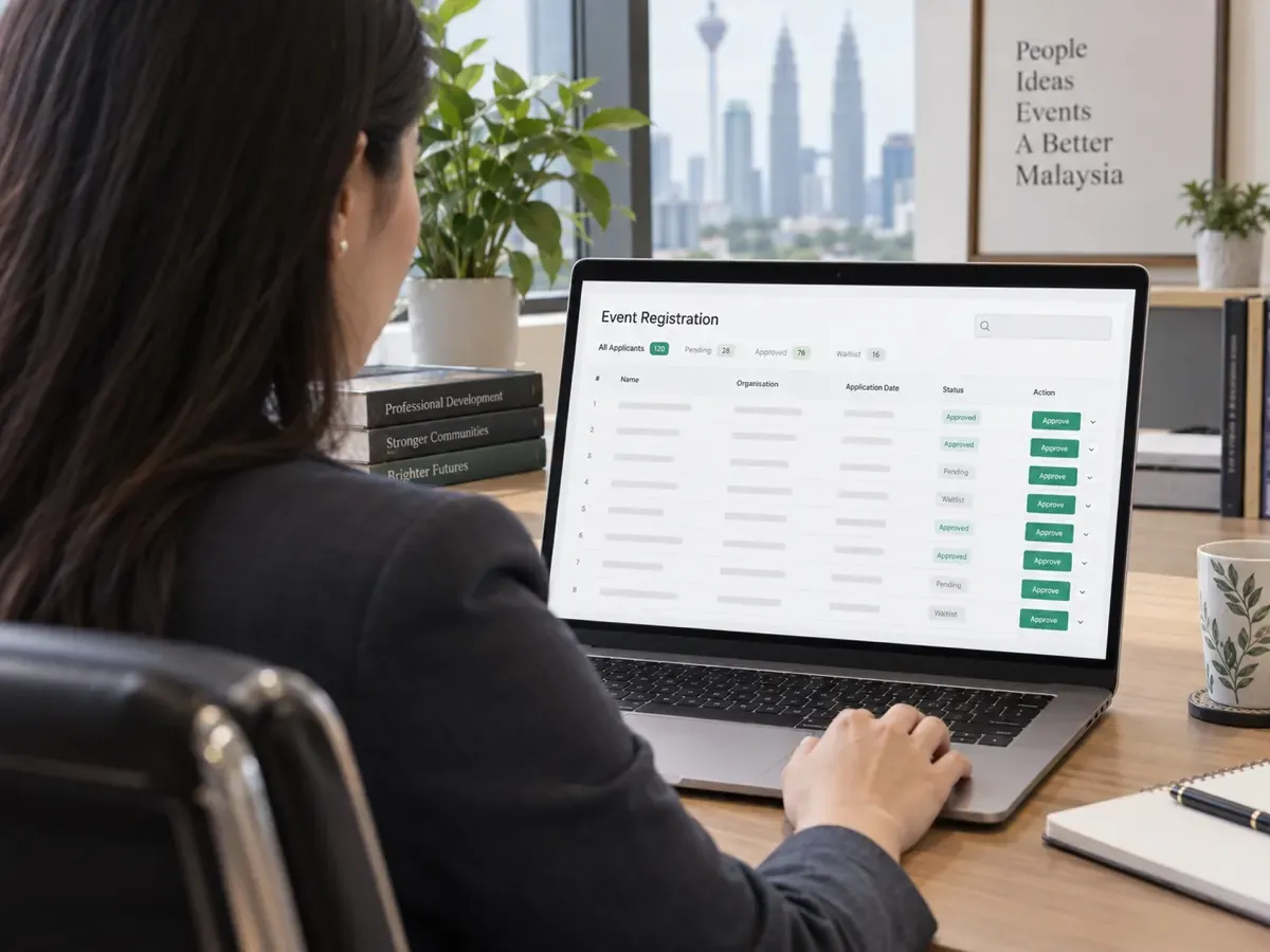 Approval-based registration queue reviewed on a laptop