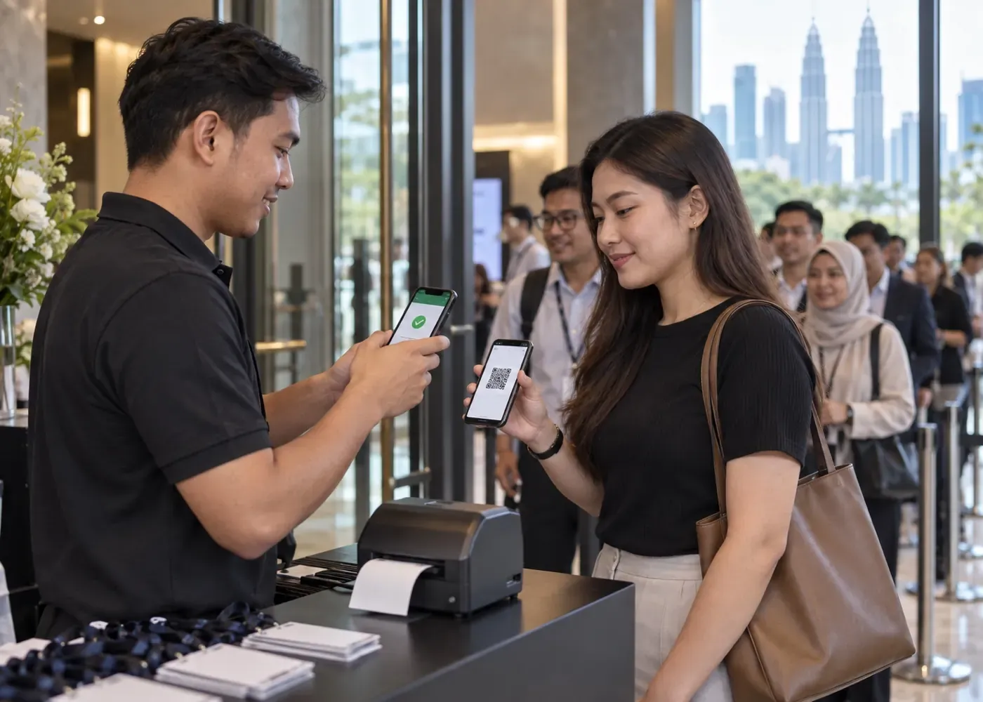 Staff scanning a guest QR ticket at the event entrance