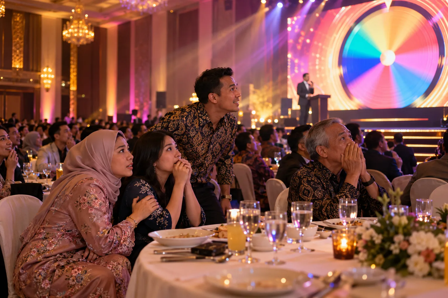 Guests in baju kurung and batik shirts lean forward at a hotel ballroom dinner as a multicolour prize wheel spins on the stage screen