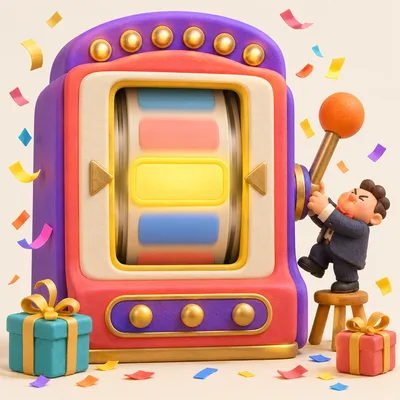 Clay illustration of a violet and coral slot machine rolling blank name cards while a man on a stool pulls the lever