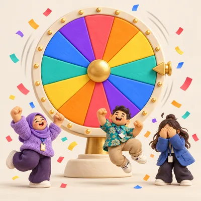 Clay illustration of a multicolour prize wheel with a pointer on the right and three colleagues celebrating at its base