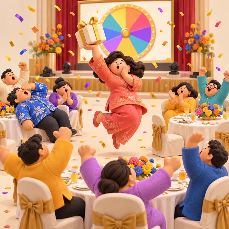 Clay illustration of a lucky draw winner in a coral baju kurung leaping with her prize while her tablemates cheer in a ballroom