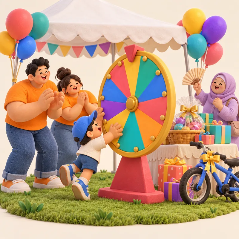 Clay illustration of a child spinning a multicolour prize wheel under a canopy tent while parents cheer beside a prize table with a bicycle