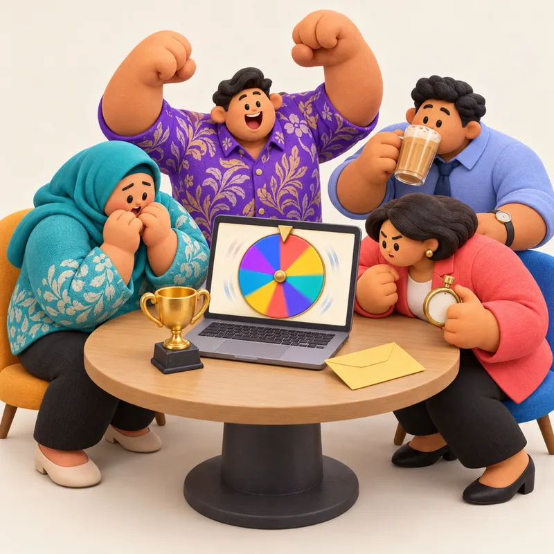 Clay illustration of four colleagues around a laptop showing a spinning prize wheel, one raising both fists